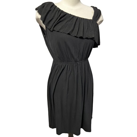 Madison Black Ruffle One Shoulder Mini Dress Sz Petite Small Flowy Ruffle Collar - Picture 1 of 13